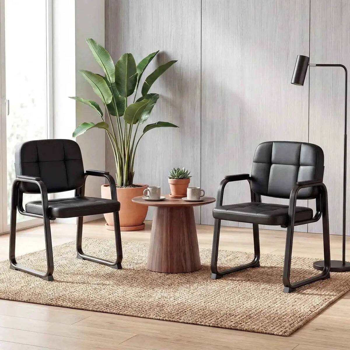 Left. Costway - Leather Guest Chairs with Sled Base (Set of 2) - 2 Pcs Black.