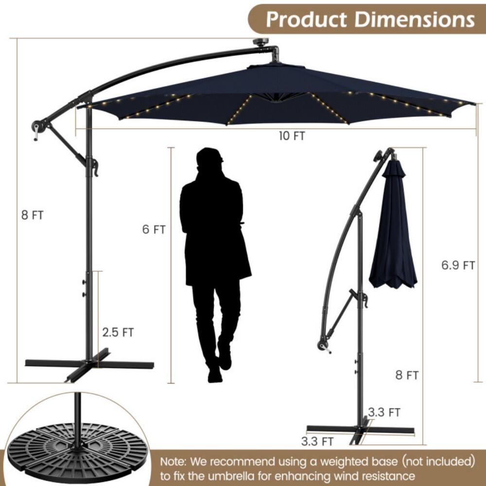 Product Dimensions:  
- 10 FT  
- 8 FT  
- 6 FT  
- 6.9 FT  
- 2.5 FT  
- 8 FT  
- 3.3 FT  
- 3.3 FT  

Note: We recommend using a weighted base (not included) to fix the umbrella for enhancing wind resistance.