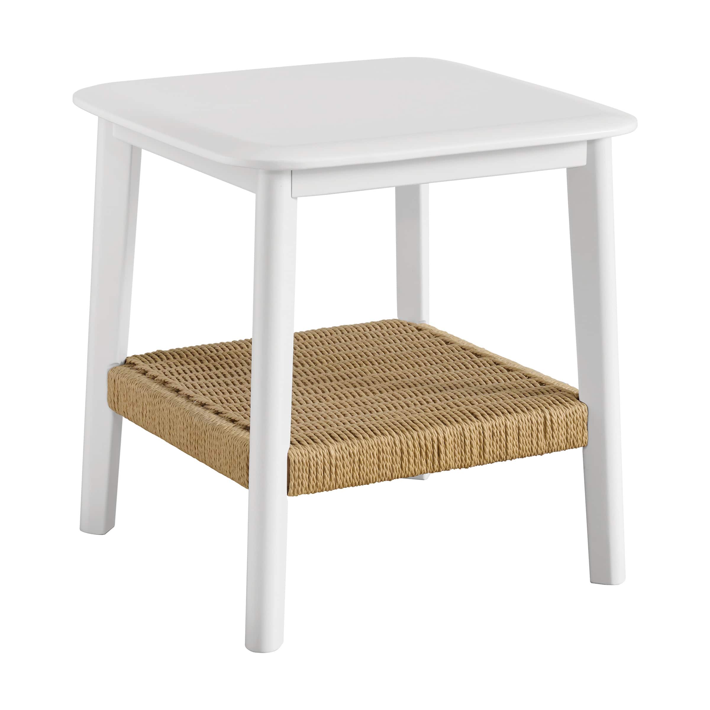 Alaterre Furniture - 2-Tier Side Table with Woven Storage Shelf for Living Room or Bedroom - White