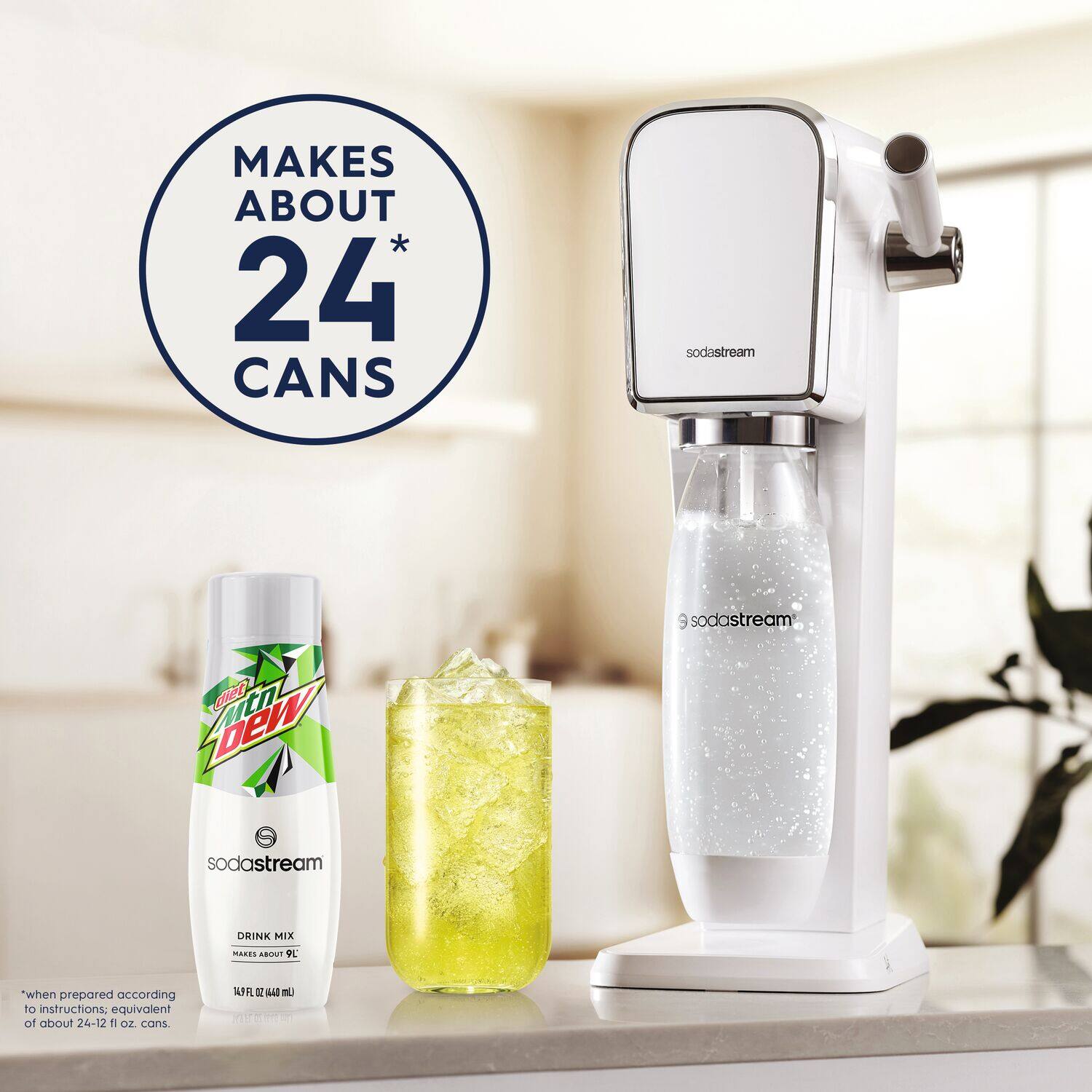 The text on the image reads: "Makes about 24 CANS sodastream diety VILn Dew 9 sodastream sodastream ORINK MIX MARES AROUT 9L when prepared according to instructions: equivalent af about 24-12  OZ cons."