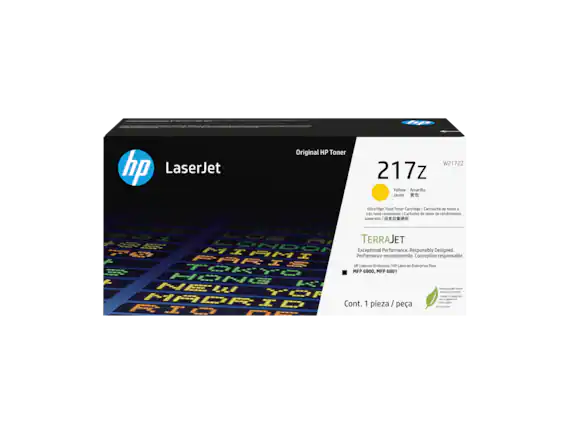 Original HP Toner
LaserJet
217z
W2172Z
Yellow Amarillo
Jaune
超黄色
Ultra High Yield Toner Cartridge / Cartouche de toner à ultra haute capacité / Cartucho de toner de rendimiento superior
TERRAJET
Exceptional Performance. Responsibly Designed.
Performance exceptionnelle. Conception responsable.
HP LaserJet Enterprise / HP LaserJet Enterprise Flow
HPFP 6801
Cont. 1 pieza / 1 pièce / 1 pezzi
Designed with health in mind.
Conçu avec la santé à l'esprit.
Diseñado con salud en mente.
You can trust it.
Puede confiar en él.
Puede confiar en él.
HP LaserJet Enterprise / HP LaserJet Enterprise Flow
MFP 6800, MFP 6801