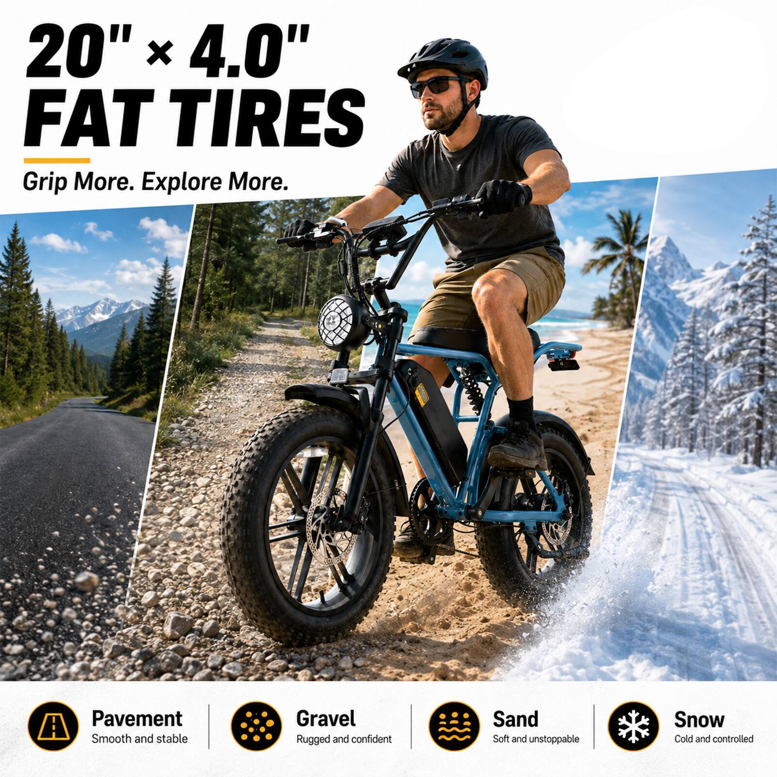 20" X 4.0" FAT TIRES Grip More. Explore More.

Pavement: Smooth and stable
Gravel: Rugged and confident
Sand: Soft and unstoppable
Snow: Cold and controlled
