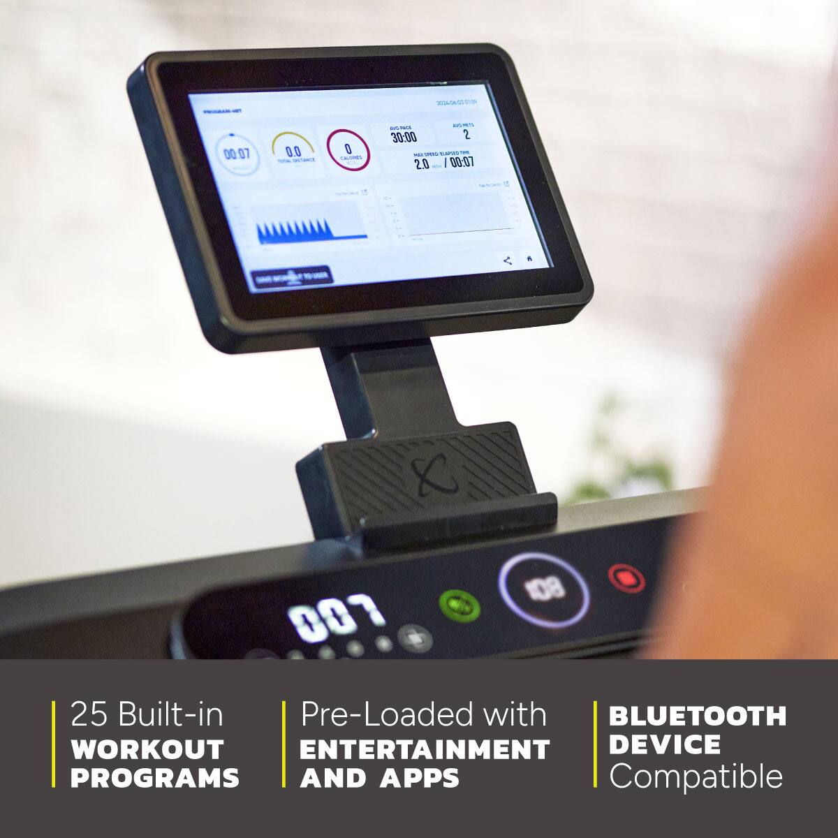 The text on the image is grouped and corrected as follows:

"25 Built-in Pre-Loaded with BLUETOOTH WORKOUT ENTERTAINMENT DEVICE PROGRAMS AND APPS Compatible"