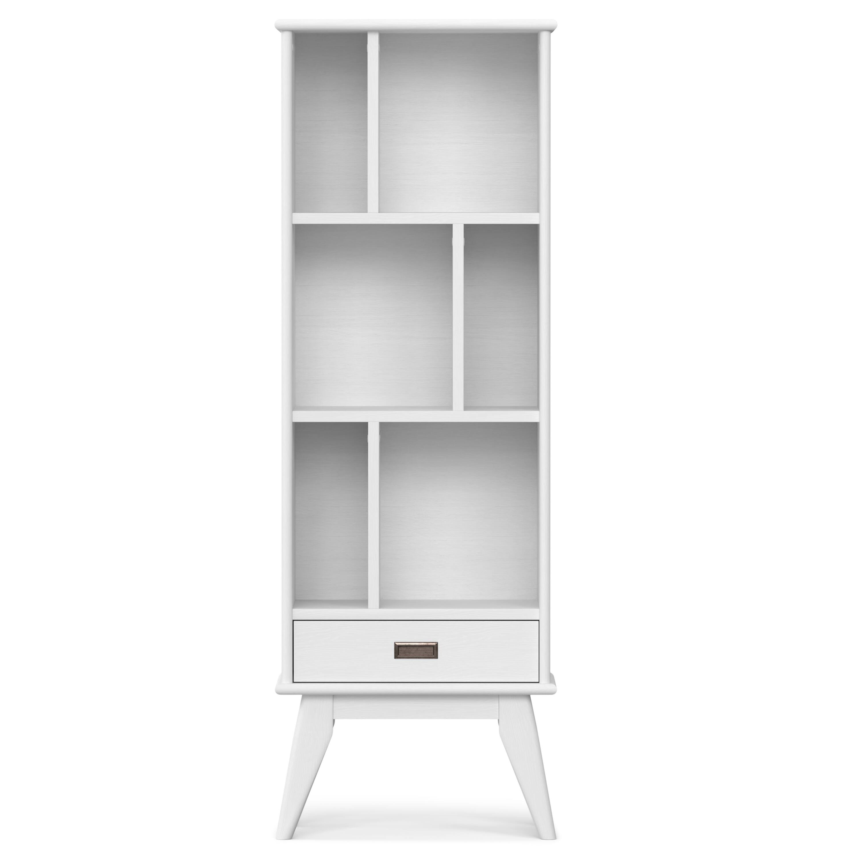 Left. Simpli Home - Draper SOLID HARDWOOD 64 inch x 22 inch Mid Century Modern Bookcase and Storage Unit in White - White.