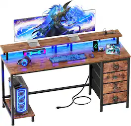 Furologee - 55" Computer Desk with 4 Fabric Drawers - Brown