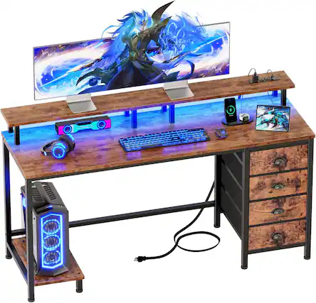 Front. Furologee - 55" Brown Computer Desk with 4 Fabric Drawers - Brown.