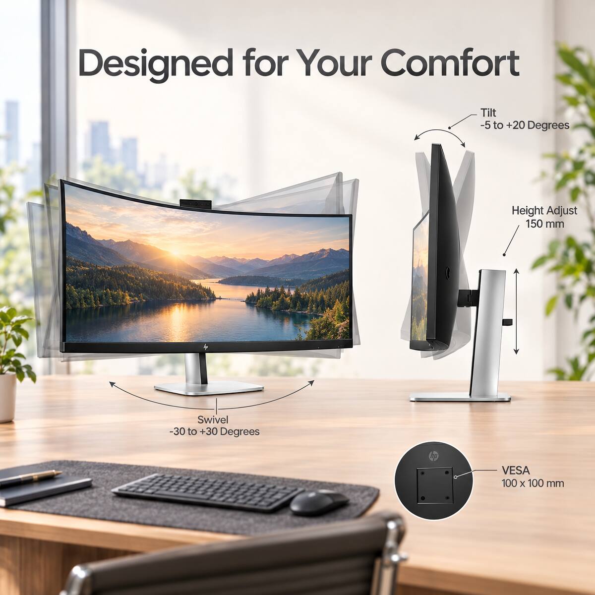 Designed for Your Comfort

Tilt -5 to +20 Degrees

Height Adjust 150 mm

Swivel -30 to +30 Degrees

VESA 100 x 100 mm