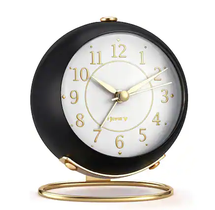 Front. FINEAK - Vintage Silent Metal Analog Alarm Clock, Gold Black Desk Clock - Black.