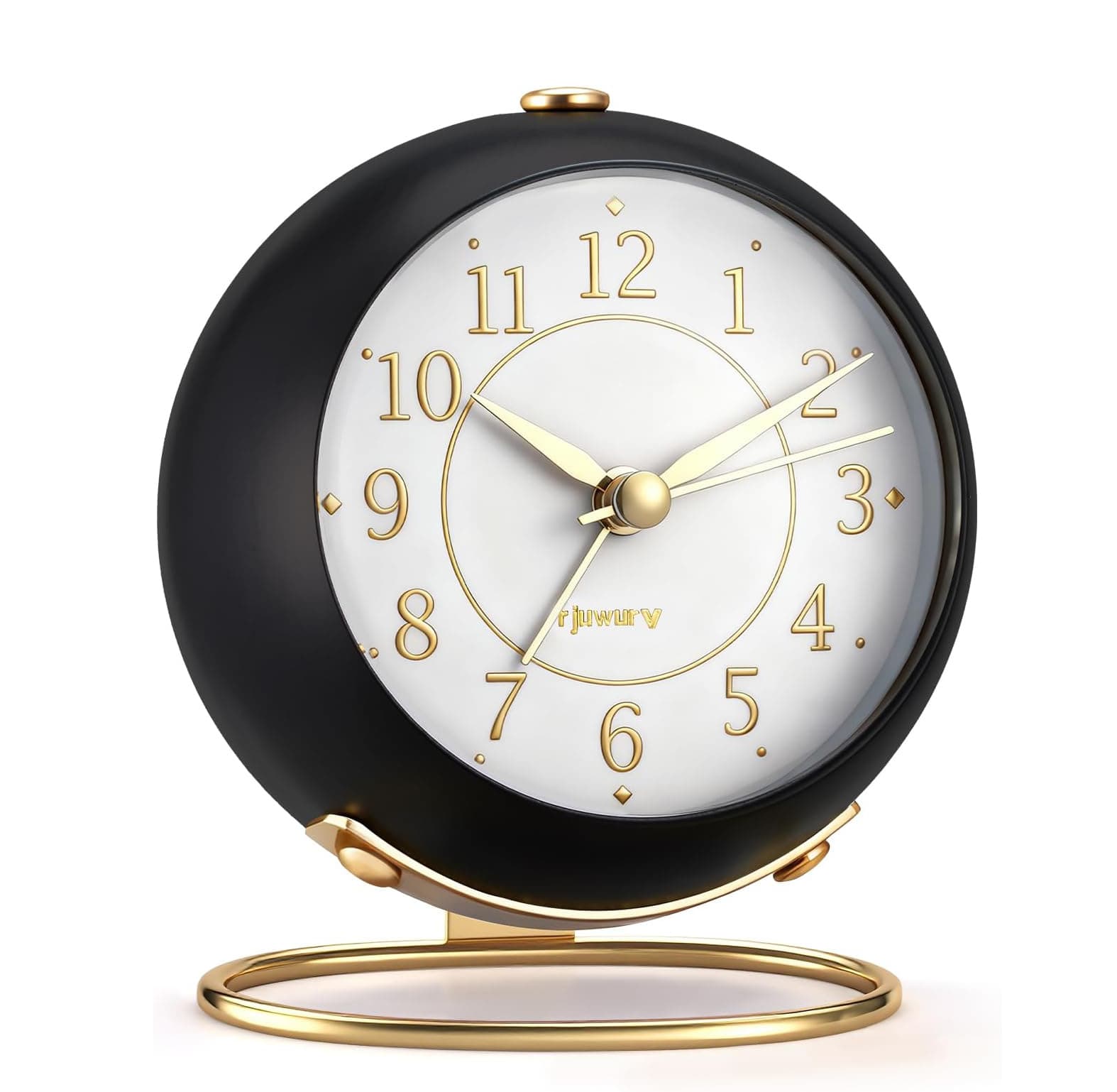 Front. FINEAK - Vintage Silent Metal Analog Alarm Clock, Gold Black Desk Clock - Black.