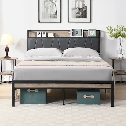 Front. Trinkets Crazed - Queen Size Metal Platform Bed Frame with Storage Function Headboard and USB Liner and Footboard, No Box Spring Needed - Black.
