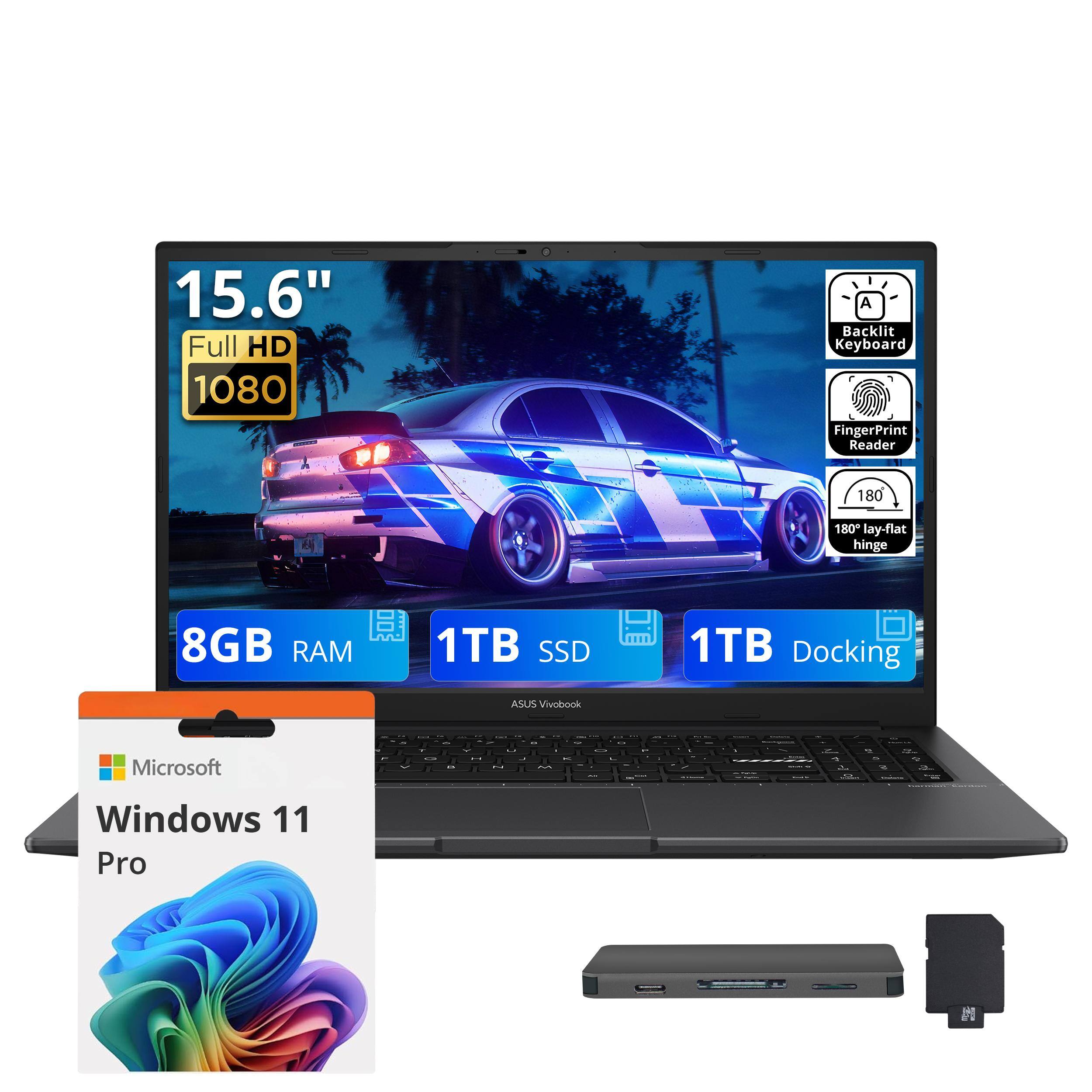 15.6" Full HD 1080  
Backlit Keyboard  
Fingerprint Reader  
180° Lay-flat Hinge  
8GB RAM  
1TB SSD  
1TB Docking  
ASUS Vivobook  
Microsoft Windows 11 Pro