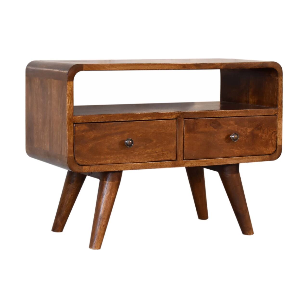 Left. Artisan Furniture - Artisan Furniture Solid Wood Mini Chestnut Curved Media Unit with 2 Drawers, 1 Open Slot, Dark Brown - Brown.