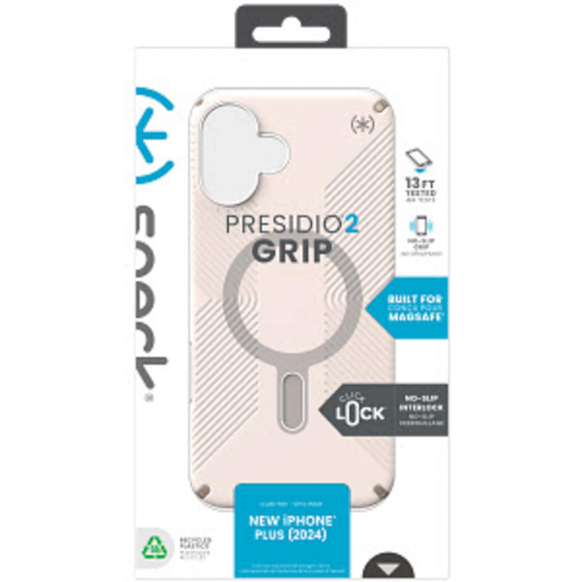 Presidio2 Grip is a new iPhone Plus (2024) case that is built for MagSafe and features a lock feature. It is designed to protect the phone and provide a secure grip. The case is made of durable materials and is available in a pink color.
