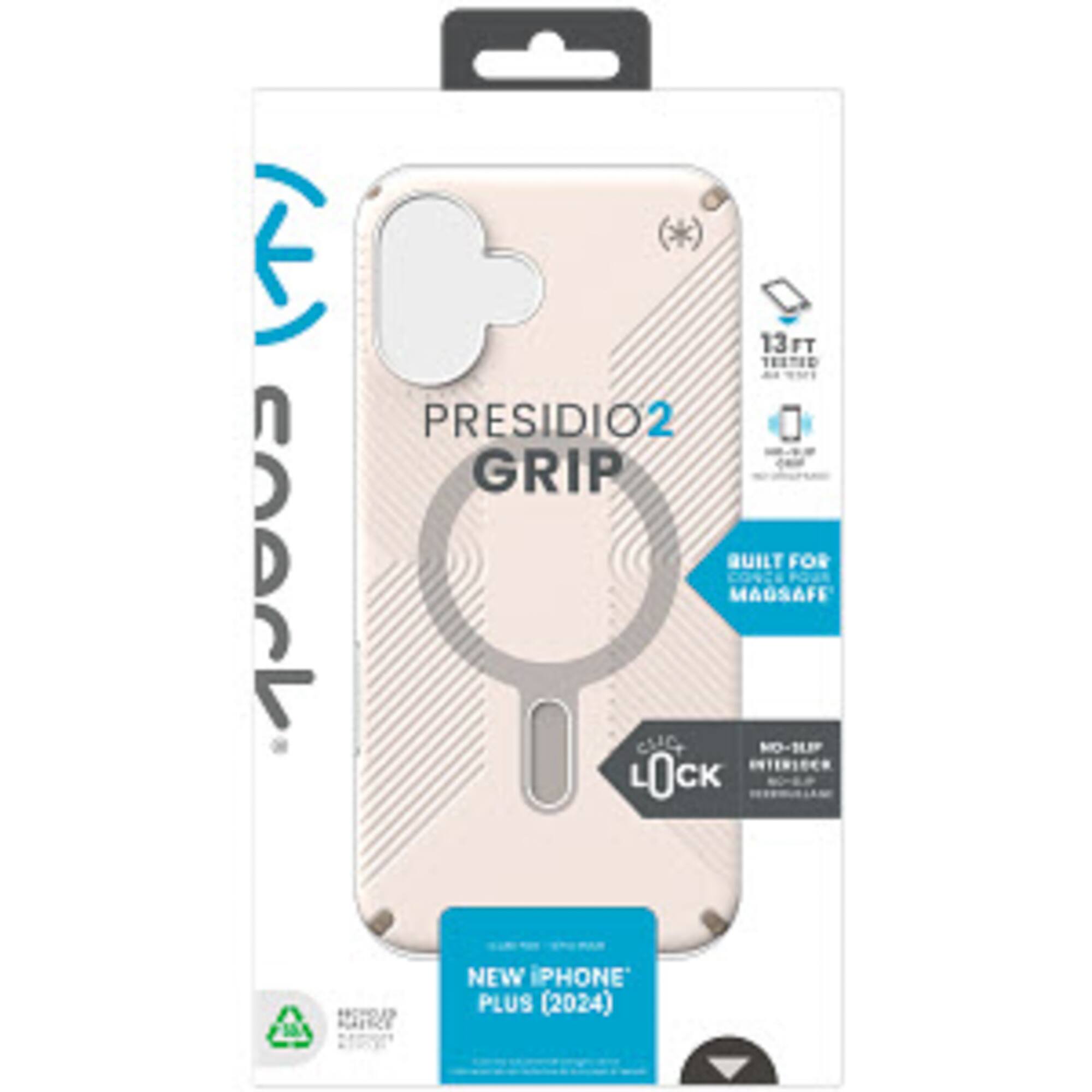 Presidio2 Grip is a new iPhone Plus (2024) case that is built for MagSafe and features a lock feature. It is designed to protect the phone and provide a secure grip. The case is made of durable materials and is available in a pink color.