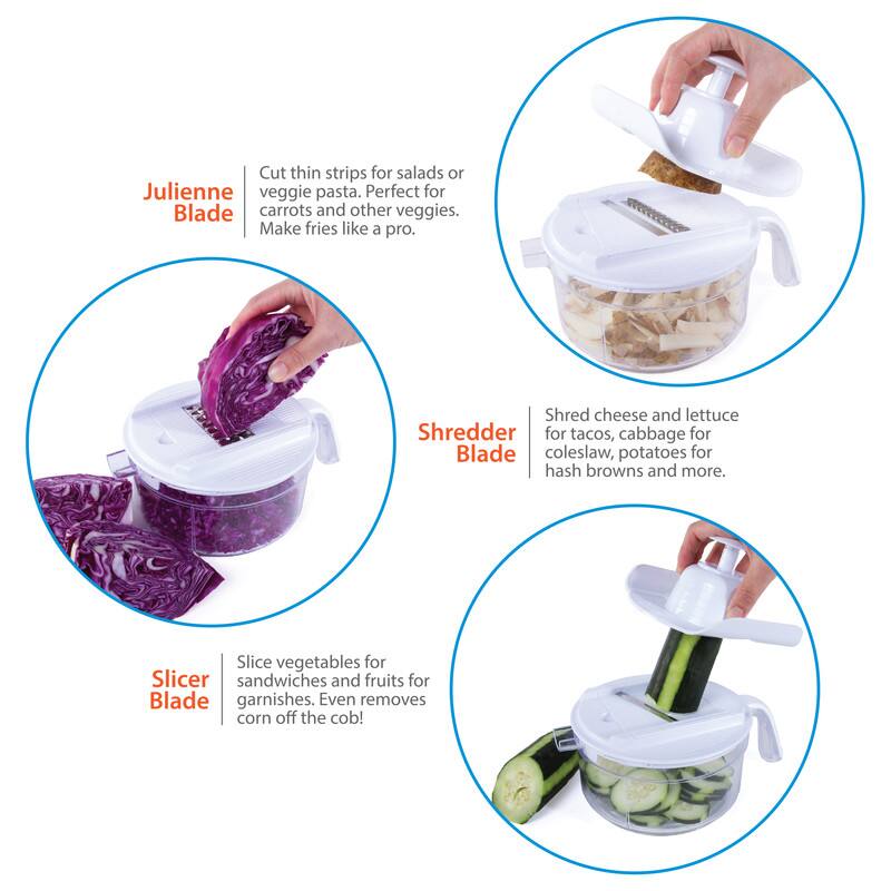 - **Julienne Blade**: Cut thin strips for salads or veggie pasta. Perfect for carrots and other veggies. Make fries like a pro.

- **Shredder Blade**: Shred cheese and lettuce for tacos, cabbage for coleslaw, potatoes for hash browns and more.

- **Slicer Blade**: Slice vegetables for sandwiches and fruits for garnishes. Even removes corn off the cob!