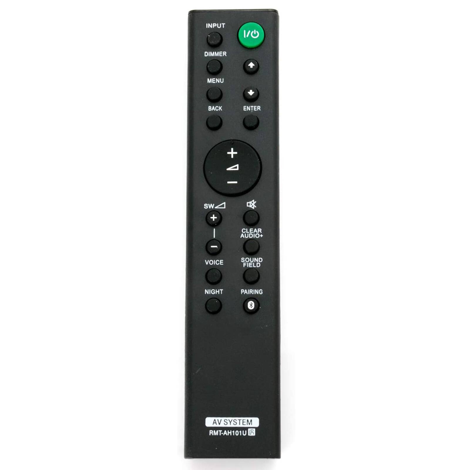 INPUT F DIMMER MENU BACK ENTER + A - SW + CLEAR AUDIO+ - VOICE SOUND FIELD NIGHT PAIRING AV SYSTEM RMT-AH101U