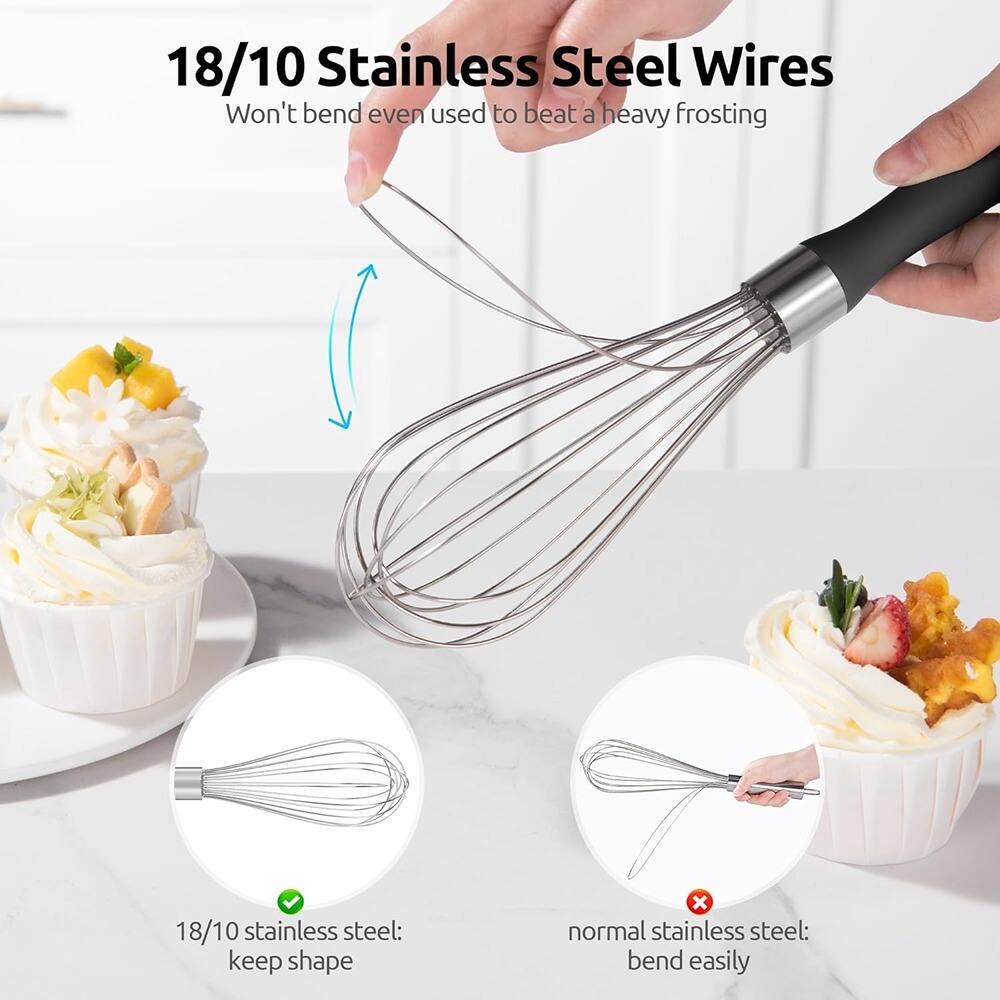 18/10 Stainless Steel Wires  
Won't bend even used to beat a heavy frosting  

18/10 stainless steel: keep shape  
normal stainless steel: bend easily
