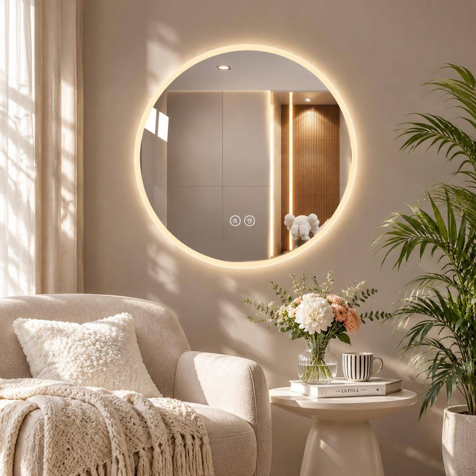 Alt View 1. RYHNUYNE - Round LED Bathroom Mirror, Wall Mounted Vanity Mirror, Anti Fog, Dimmable, 3 Color Temperatures, 5mm Glass - Silver.