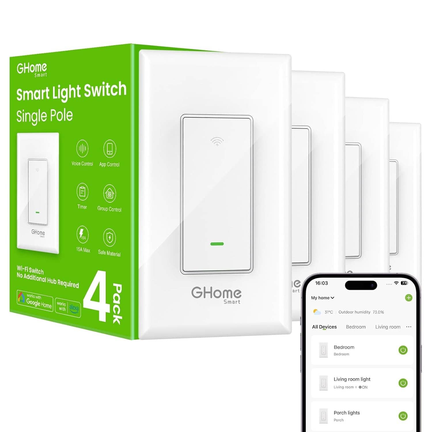 Schertz - WiFi Smart Light Switch, Single-Pole, Neutral Wire Required, 2.4GHz, Works with Alexa & Google Home, App Control, No Hub - White and Black