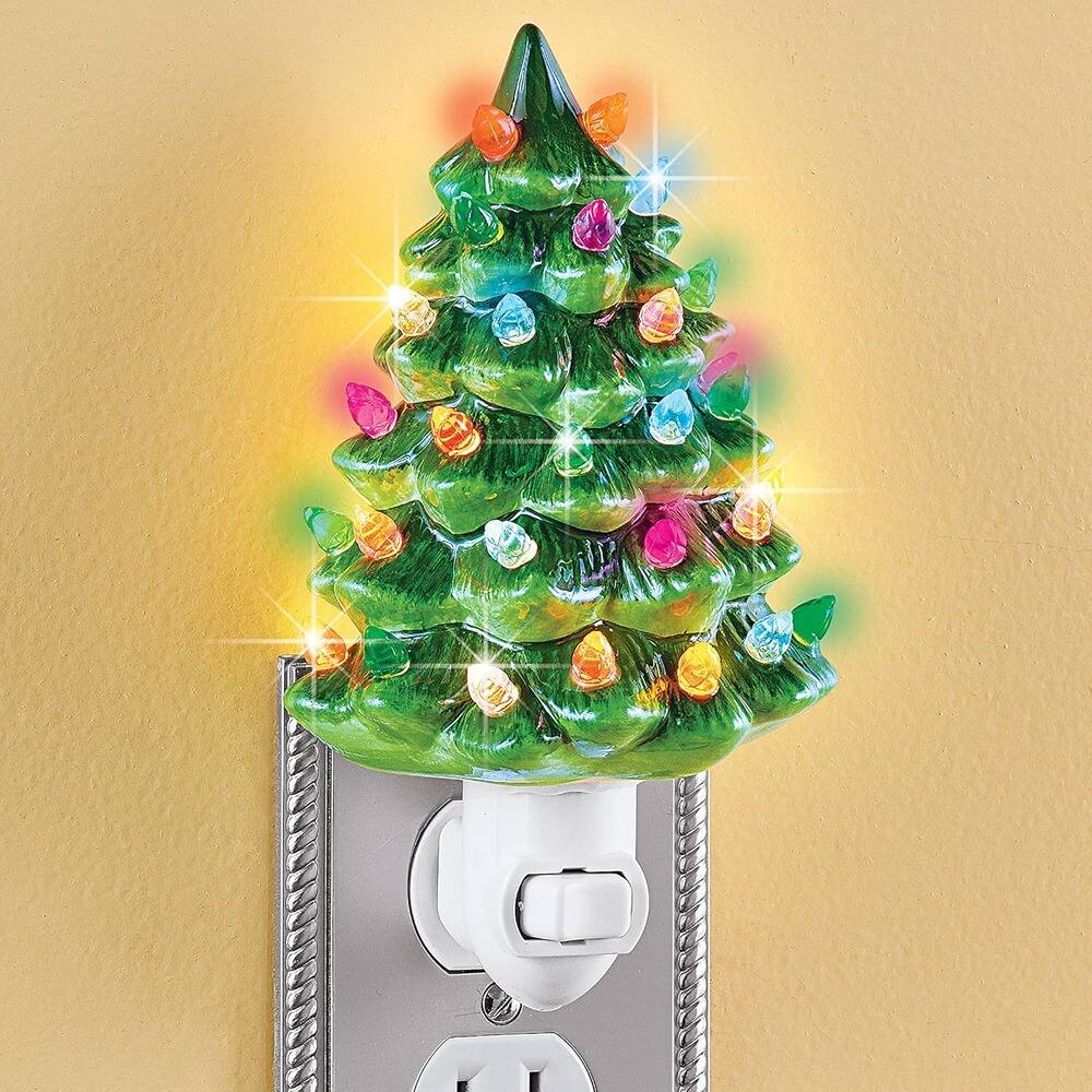 Angle. ACJPR - 6" Ceramic Christmas Tree Night Light, Green Vintage Holiday Decoration - Green.