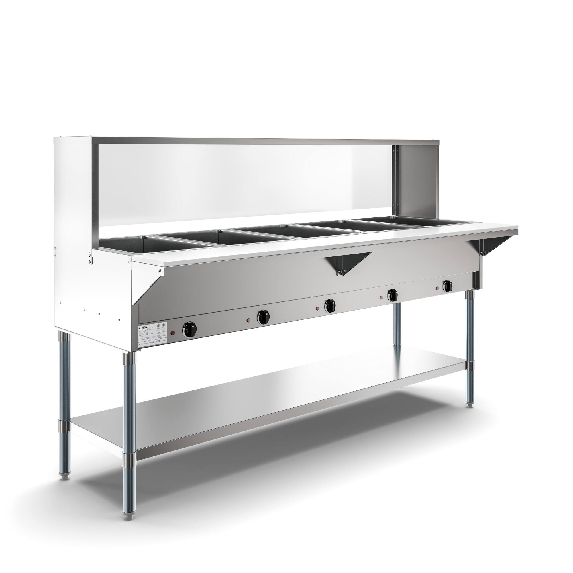 Back. Koolmore - Five Pan Open Well Electric Steam Table with Undershelf and Sneeze-Guard, 240V, KM-OWS-5SG. - Silver.