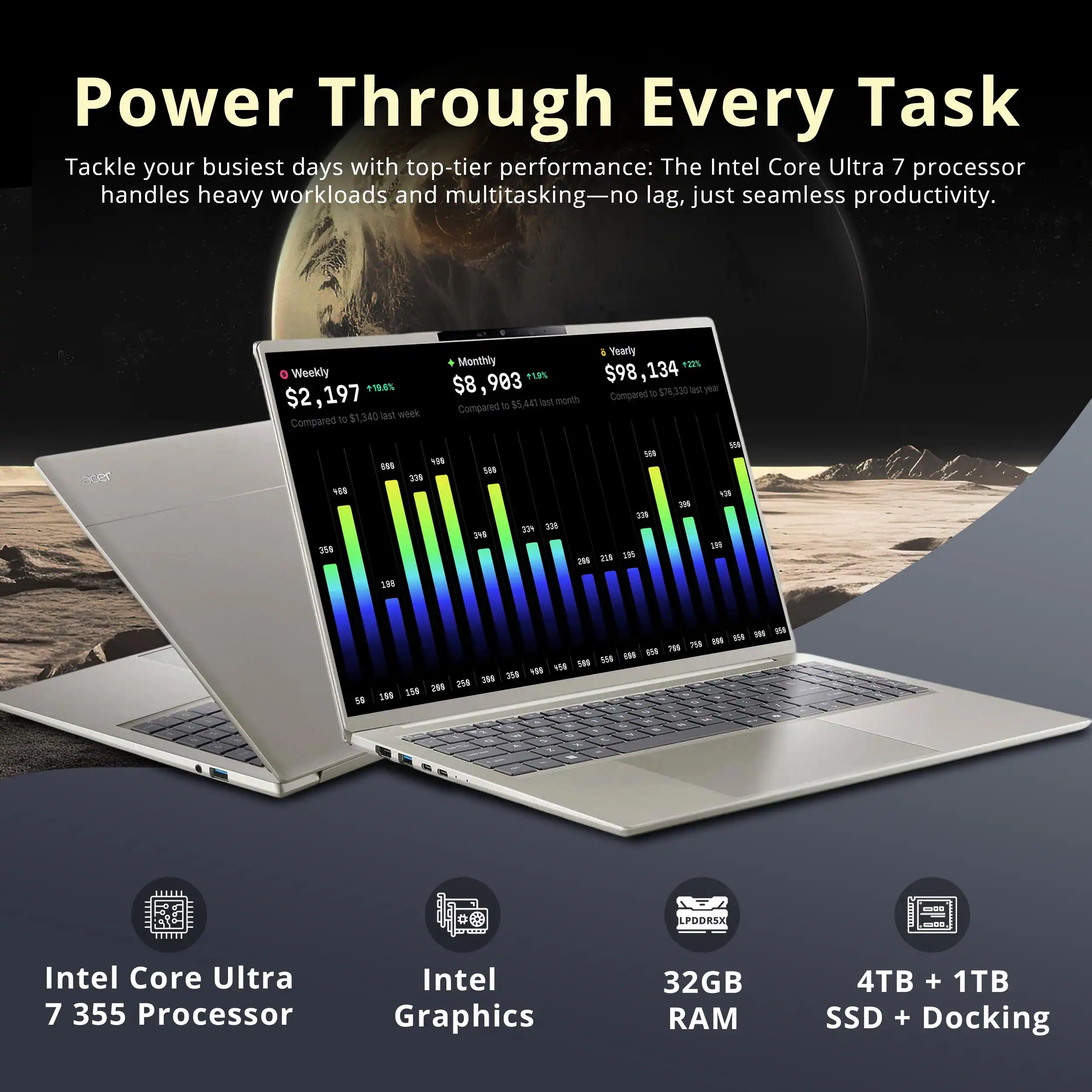 Power Through Every Task

Tackle your busiest days with top-tier performance: The Intel Core Ultra 7 processor handles heavy workloads and multitasking—no lag, just seamless productivity.

- Monthly: $8,903 (+20%)
- Yearly: $98,134 (+20%)
- Weekly: $2,197 (+1.0%)

Intel Core Ultra 7 355 Processor
Intel Graphics
32GB RAM
4TB + 1TB SSD + Docking