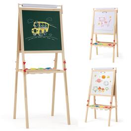 Costway - 3-in-1 Art Easel for Kids with Magnetic Chalkboard & Whiteboard Paper Roll - Natural