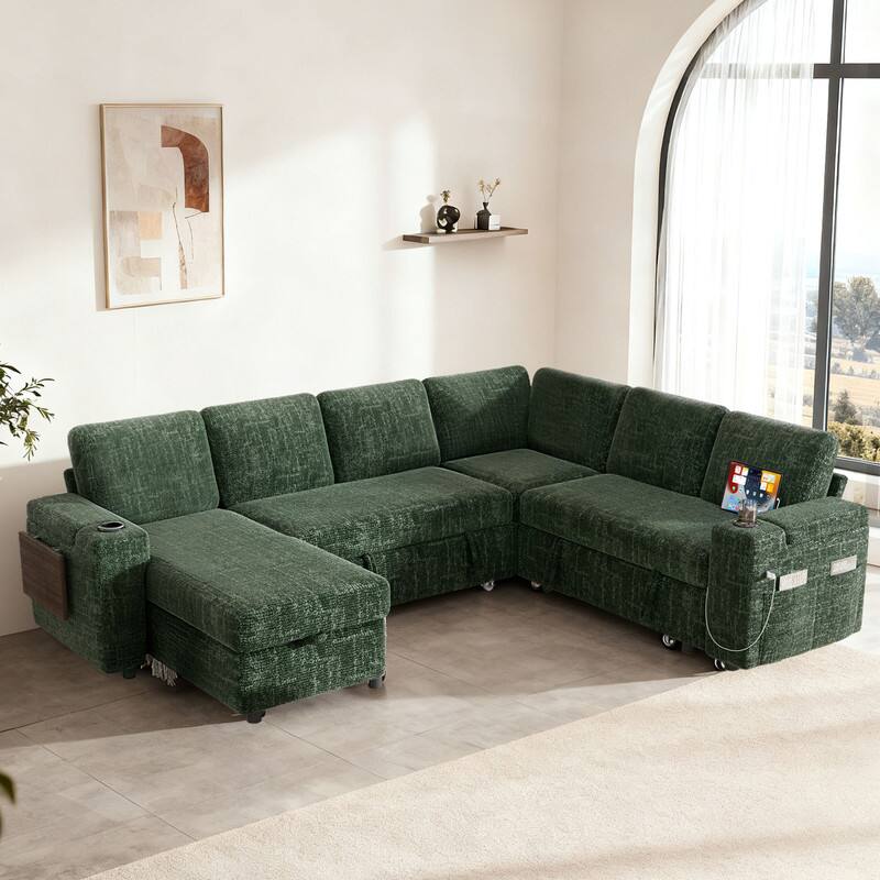 Left. Dyonery - 110" Modular Sectional Sofa with Pull Out Bed,Chenille Fabric 7 Seat Sectional Sofa with Storage,for Living Room - Green.