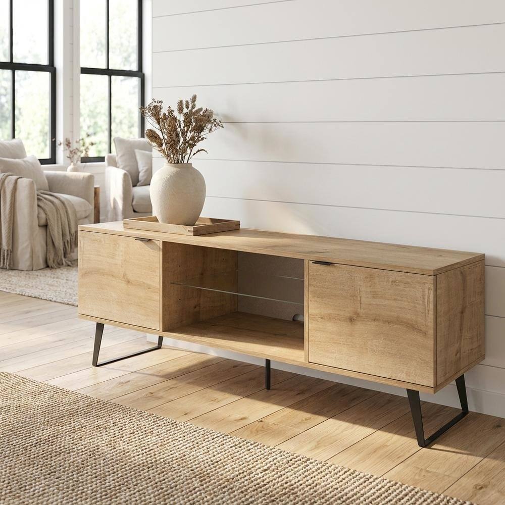 Alt View 1. FurniFact - Mid Century Modern Oak Glass Shelf TV Stand with Wooden Frame - Brown.