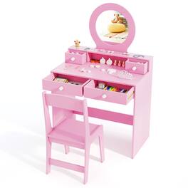 Gymax - Kids Vanity Set Desk & Chair Set w/ Mirror Open Shelf & 4 Storage Drawers - Pink