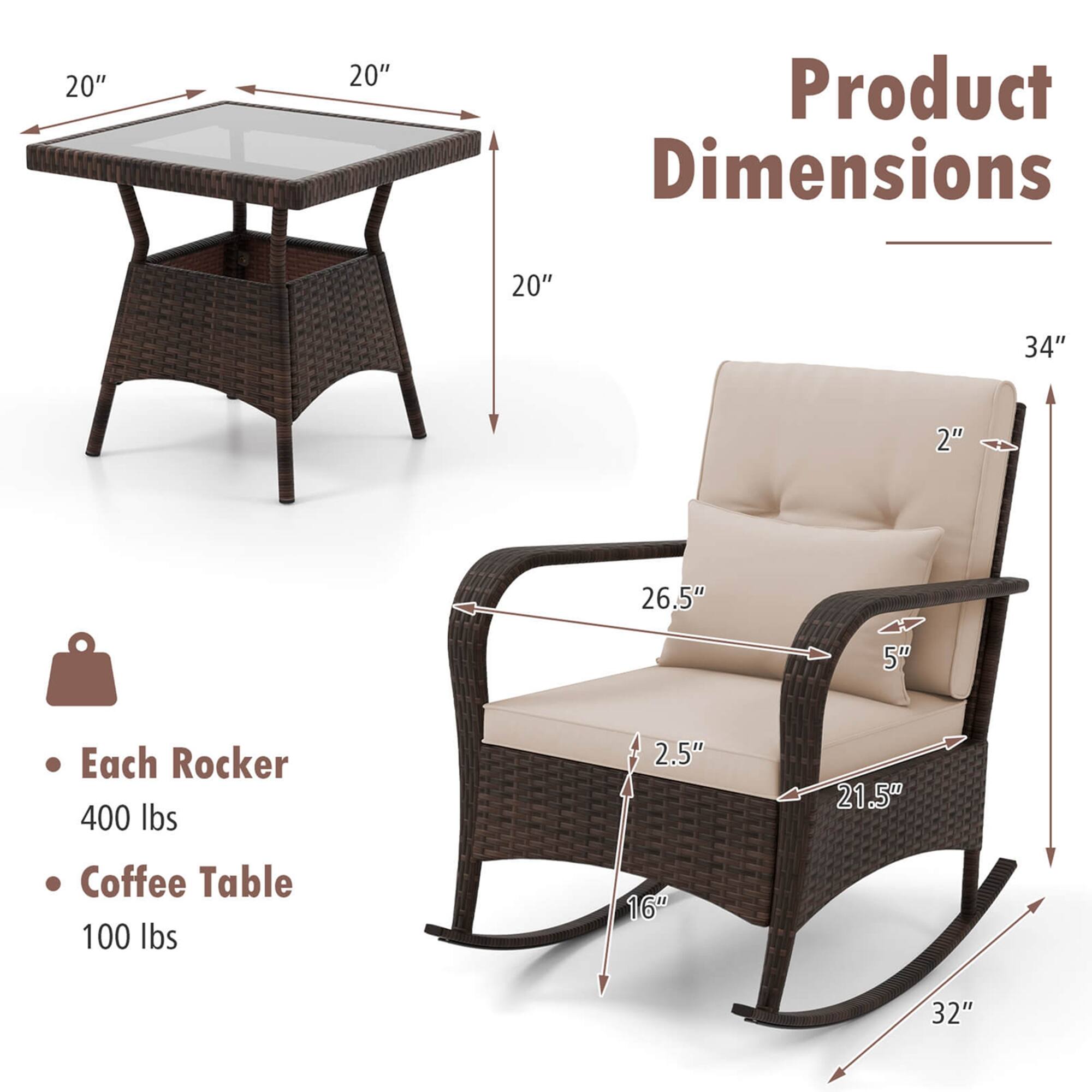 20" x 20" x 20" Product Dimensions  
Each Rocker: 400 lbs  
Coffee Table: 100 lbs  
Dimensions:  
- Rocker: 34" H x 26.5" W x 21.5" D x 16" W x 32" L  
- Coffee Table: 20" W x 20" D x 20" H
