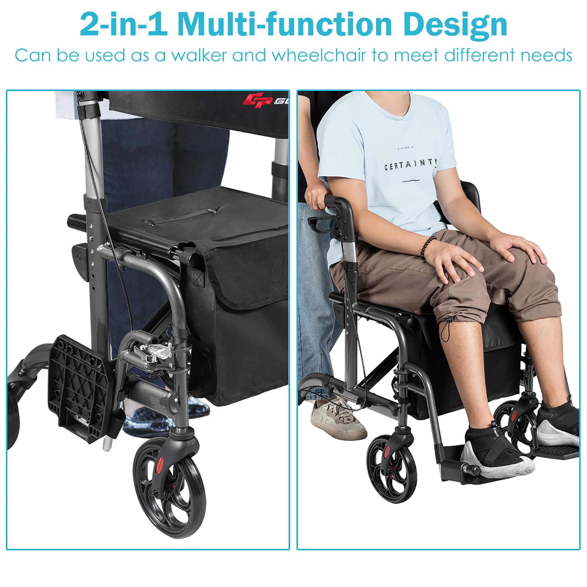 2-in-1 Multi-function Design Can be used as a walker and wheelchair to meet different needs