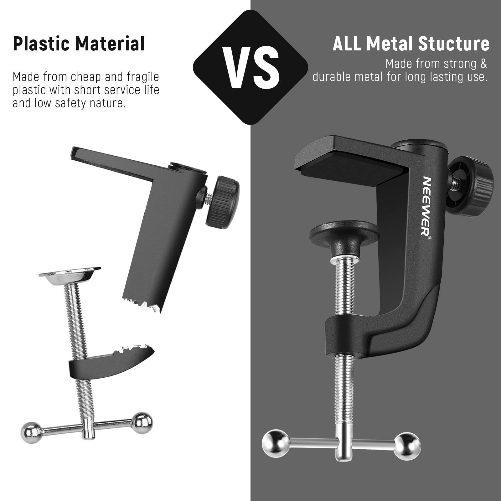 Plastic Material  
Made from cheap and fragile plastic with short service life and low safety nature.  

VS  

ALL Metal Structure  
Made from strong & durable metal for long lasting use.  

NEEWER