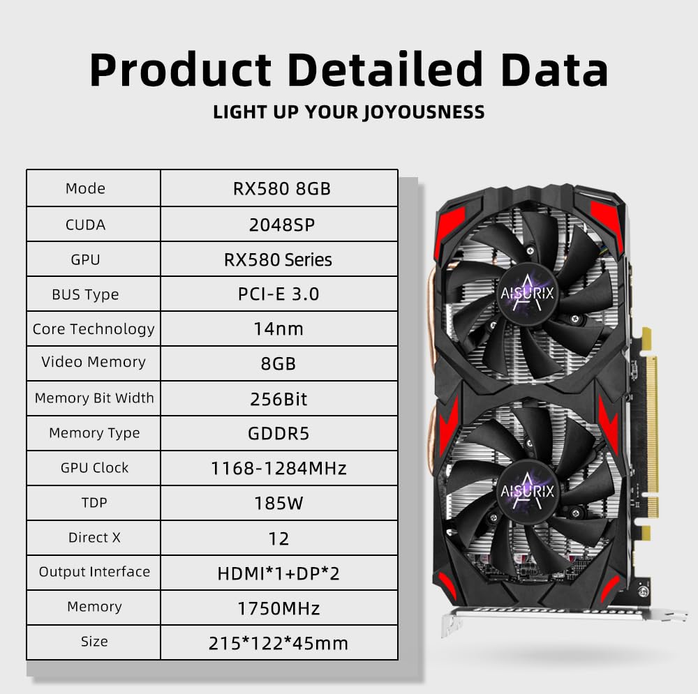 Product Detailed Data  
LIGHT UP YOUR JOYOUSNESS  

Mode: RX580 8GB  
CUDA: 2048SP  
GPU: RX580 Series  
BUS Type: PCI-E 3.0  
Core Technology: 14nm  
Video Memory: 8GB  
Memory Bit Width: 256Bit  
Memory Type: GDDR5  
GPU Clock: 1168-1284MHz  
TDP: 185W  
Direct X: 12  
Output Interface: HDMI*1+DP*2  
Memory: 1750MHz  
Size: 215*122*45mm