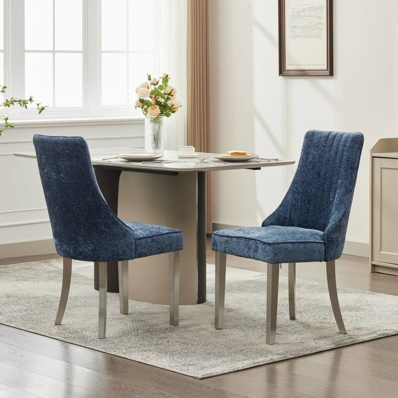 Alt View 1. HTUTWOO - Chenille Dining Chairs with Back & Curved Solid Wood Legs, Set of 2 for Dining Room, Kitchen, Home Use for Families - Blue.