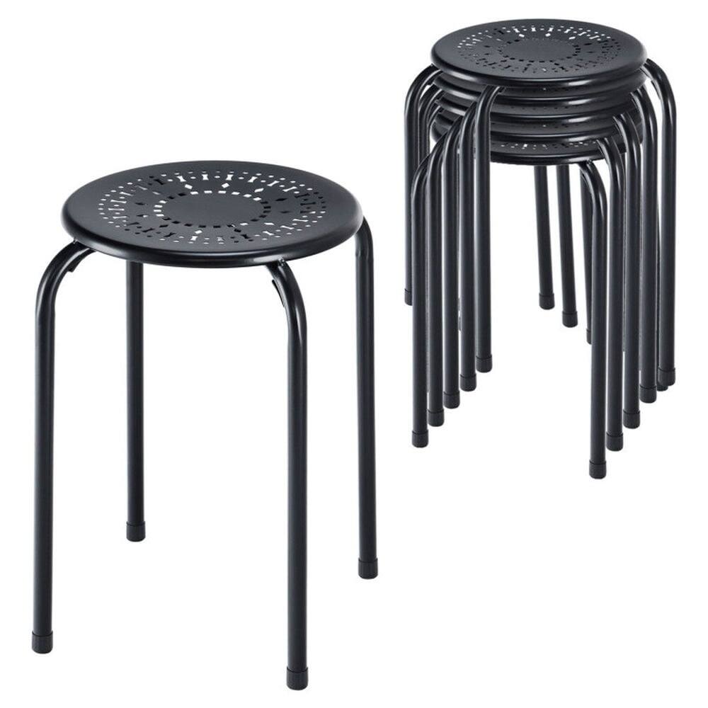 Alt View 2. Kadyn - Set of 6 Stackable Multifunctional Daisy Design Backless Round Metal Stool Set-Black, for Kitchen Island - Black.