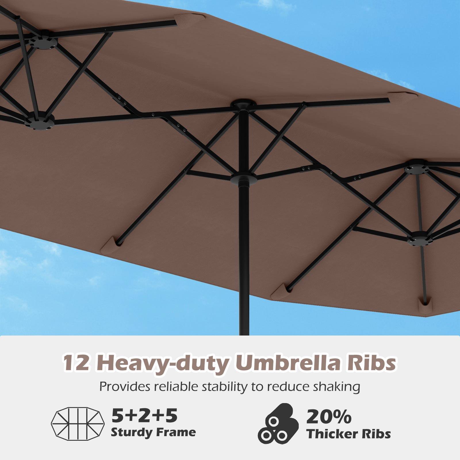 12 Heavy-duty Umbrella Ribs, Provides reliable stability to reduce shaking, 5+2+5, 20% Thicker Ribs, Sturdy Frame