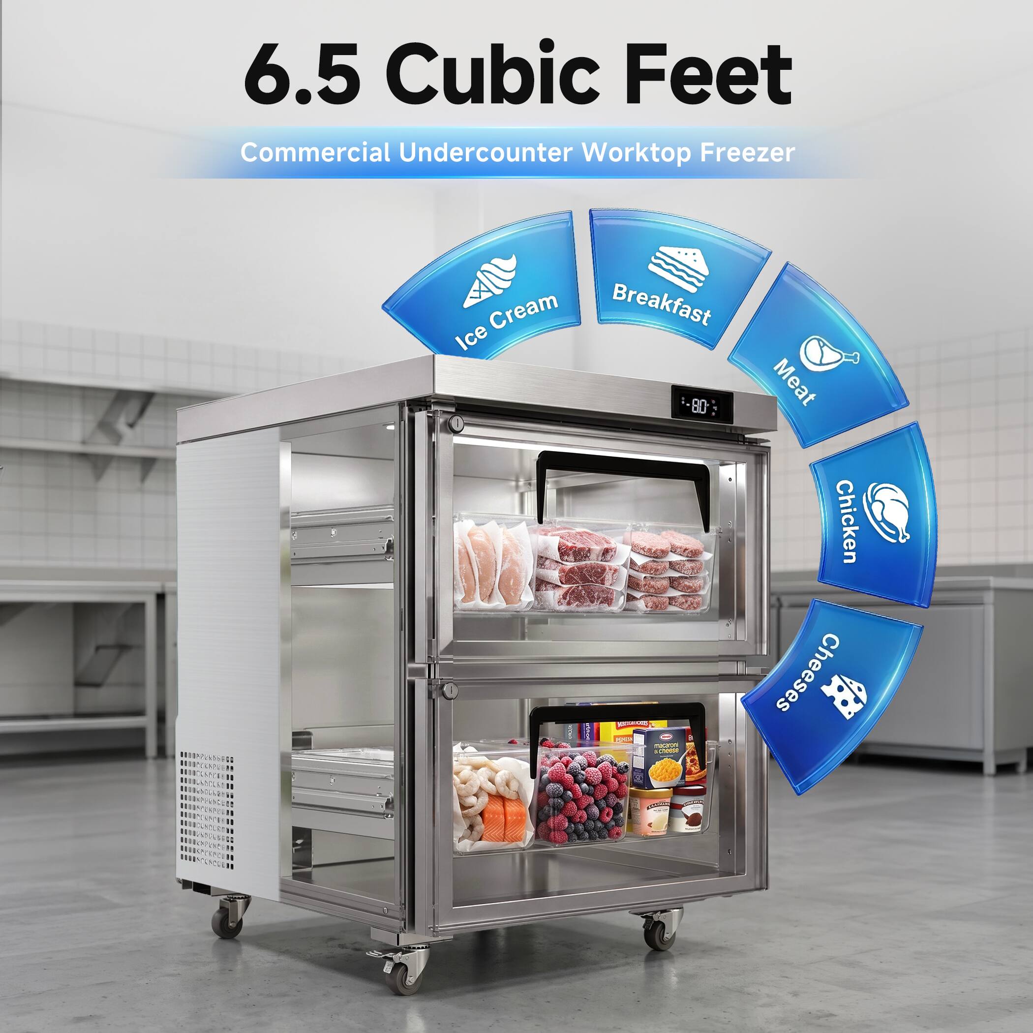 6.5 Cubic Feet Commercial Undercounter Worktop Freezer

- Ice Cream
- Breakfast
- Meat
- Chicken
- Cheeses