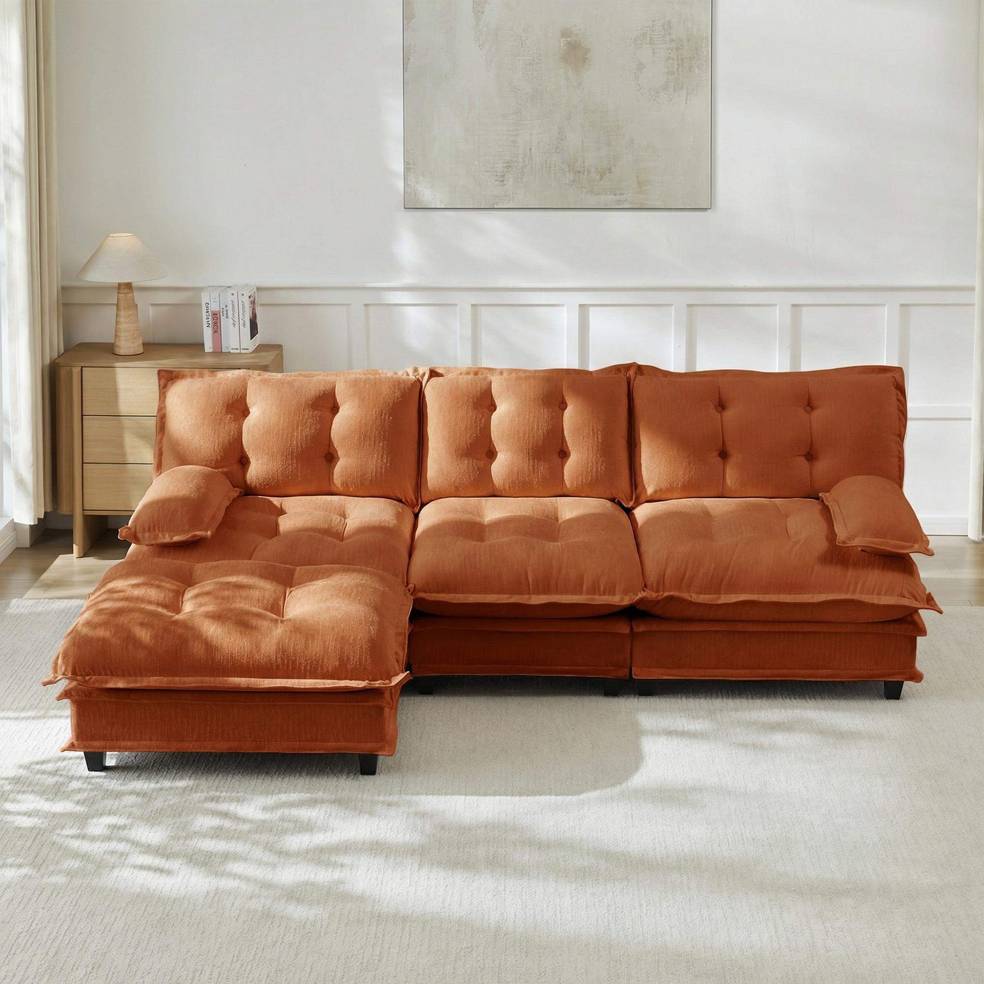 Angle. Roomtec - 107 inch L Shaped Modern Sofa Modular Sectional Cloud Couch with Ottoman 3Seat Chenille Deep Seat Sofa with Comfy - Orange.