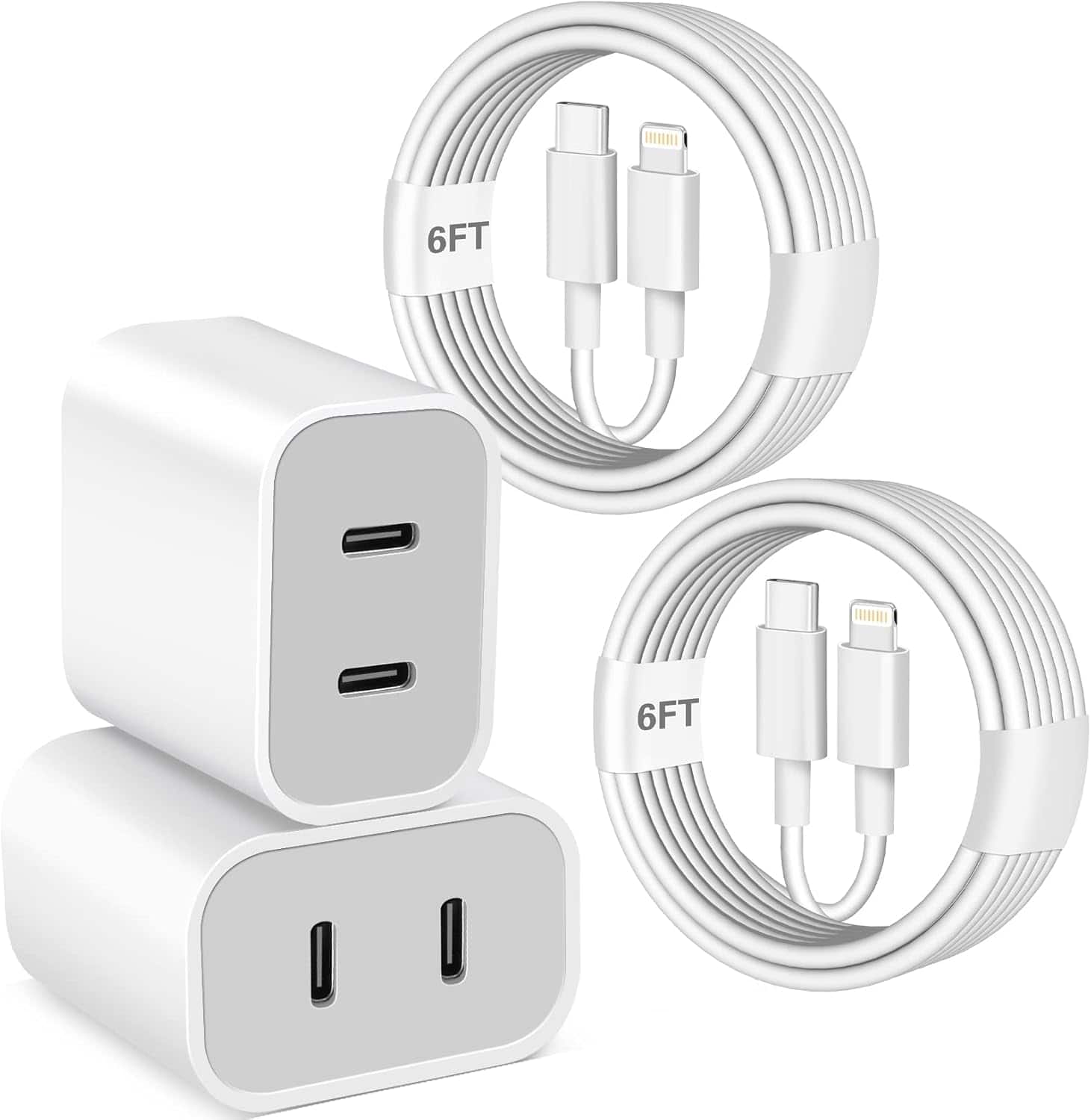 Luckbyte - 2-Pack 20W Dual Port USB-C Fast Charger with 6ft Lightning Cables - PD Wall Plug for iPhone 14/13/12/11 Pro Max