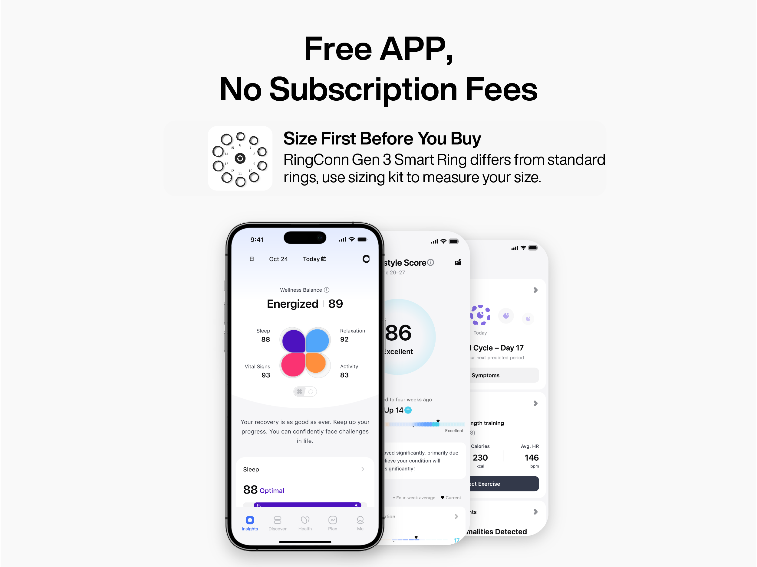Free APP, No Subscription Fees

Size First Before You Buy
RingConn Gen 3 Smart Ring differs from standard rings, use sizing kit to measure your size.

9:41
Oct 24
Today
style Score 20-27
Wellness Balance Energized 89
Sleep 88 Vital Signs 93
Relaxation 92 Activity 83
86 Excellent
Today I Cycle Day 17 ago russet predicted period Symptoms
1 to four weeks one Up 14 Your recovery is as good as ever. Keep up your progress. You can confidently face challenges in life. Calories ved significantly, primarily due to your condition will significantly! Sleep 88 Optimal
Four.week average
Exercise
Insights Discover
Phone
malities Detected