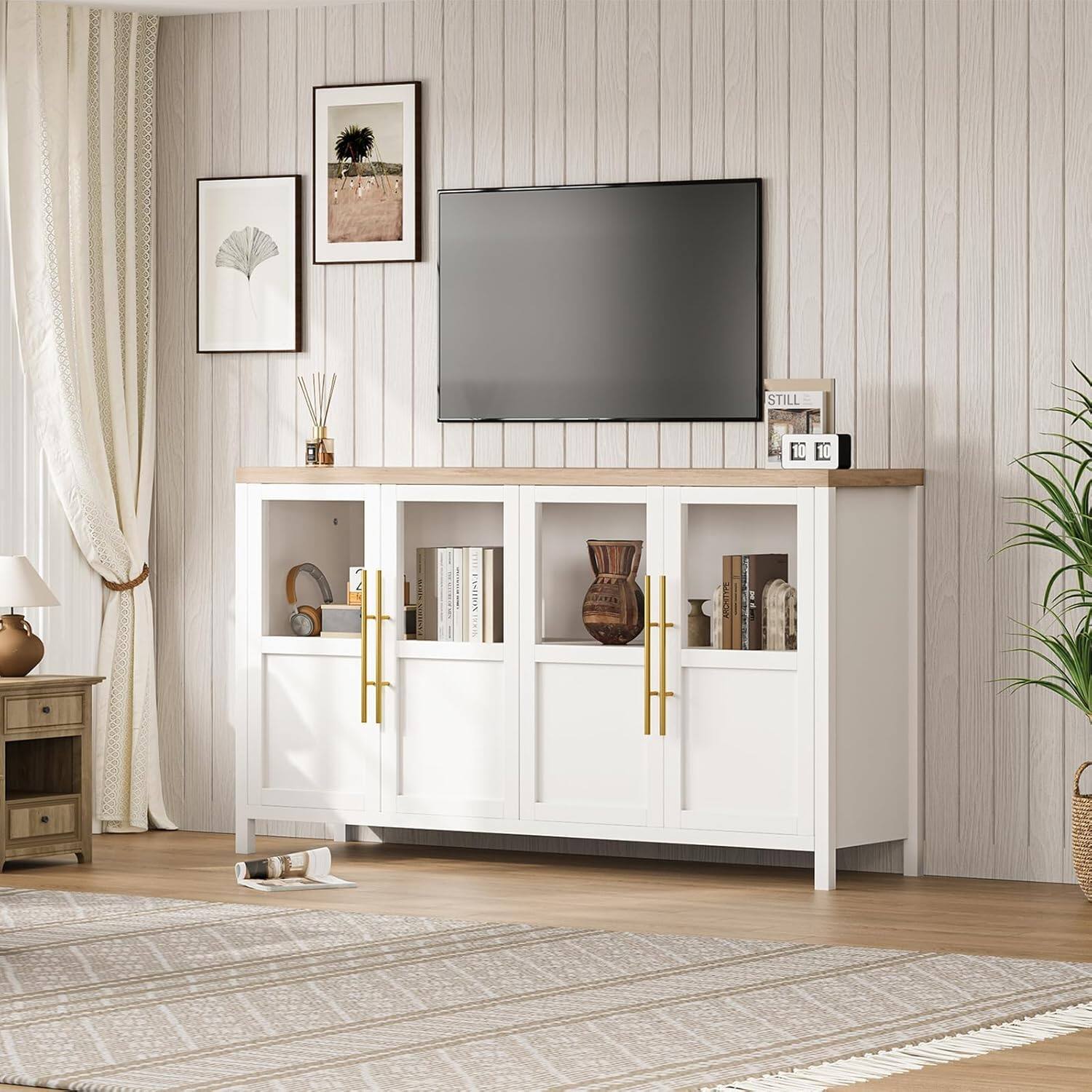 Alt View 4. Jojoka - Glass Door Buffet Cabinet, 55-Inch Modern Rustic Farmhouse Sideboard - White.