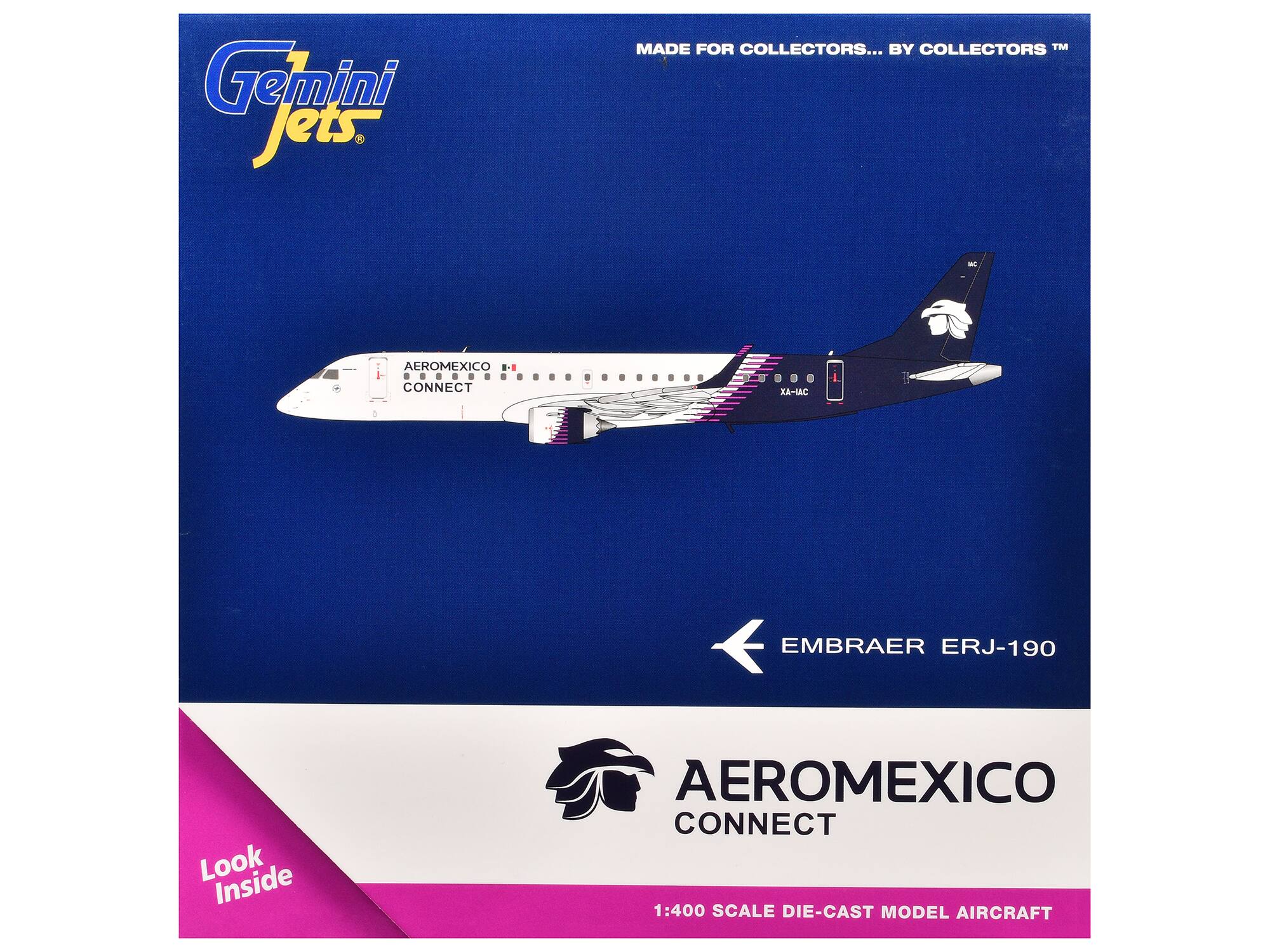 Gemini Jets  
MADE FOR COLLECTORS... BY COLLECTORS™  

AEROMEXICO CONNECT  
EMBRAER ERJ-190  

Look Inside  

AEROMEXICO CONNECT  
1:400 SCALE DIE-CAST MODEL AIRCRAFT
