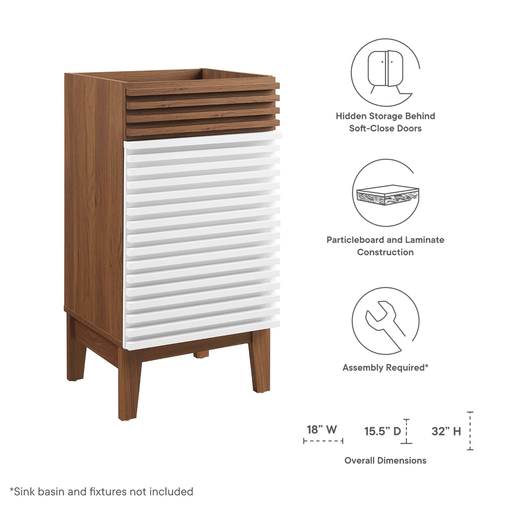 Hidden Storage Behind Soft-Close Doors  
Particleboard and Laminate Construction  
Assembly Required*  

18" W x 15.5" D x 32" H  
Overall Dimensions  

*Sink basin and fixtures not included