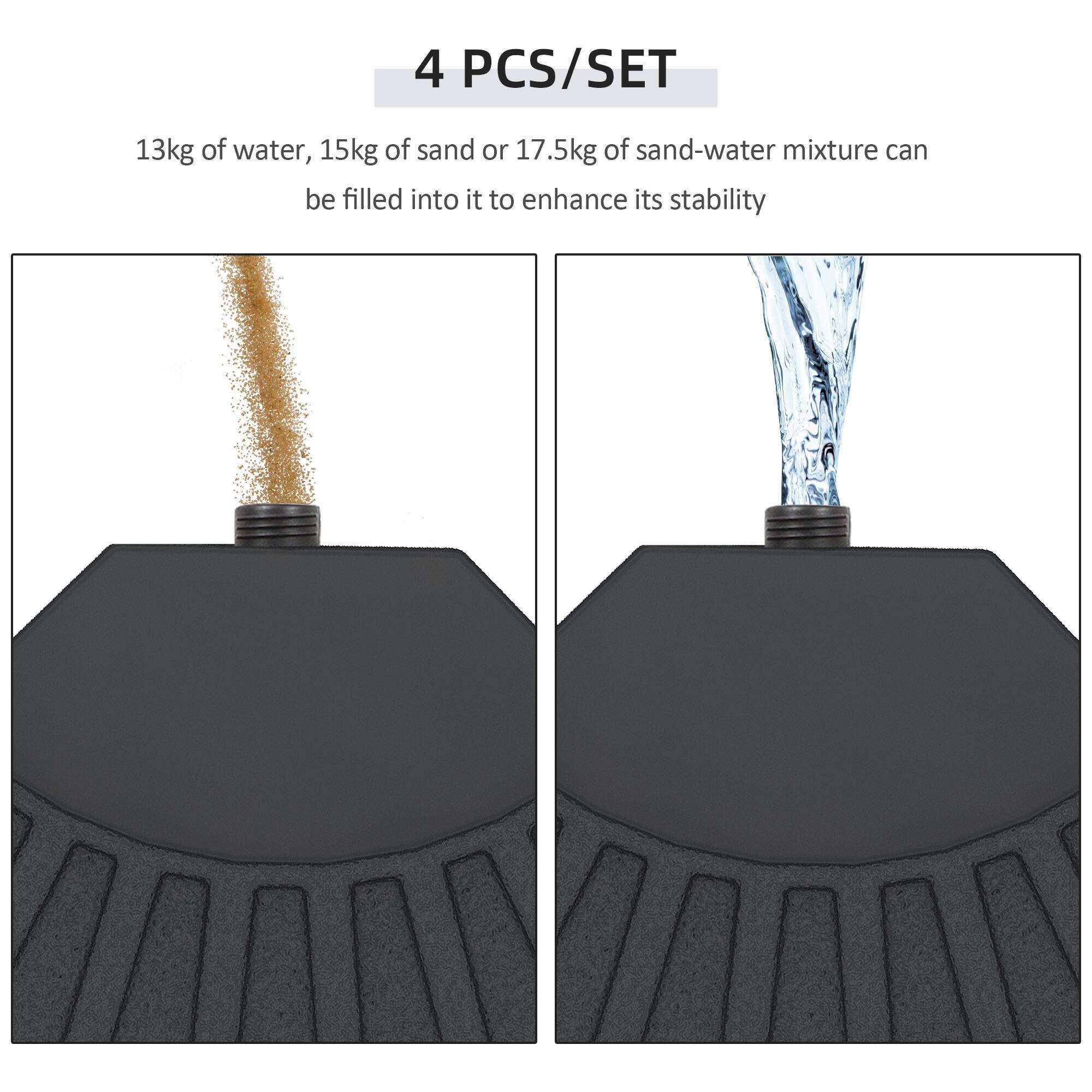4 PCS/SET

13kg of water, 15kg of sand or 17.5kg of sand-water mixture can be filled into it to enhance its stability