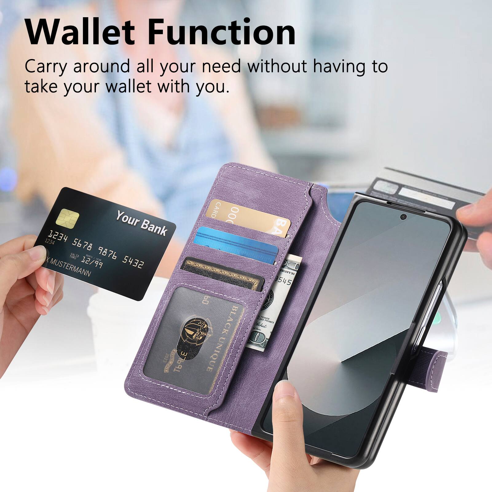 Wallet Function  
Carry around all your need without having to take your wallet with you.  

Your Bank  
1234 1234 5678 9876  
XMUSTERMANN  
12/99  
5432  

Cc0C  
LE CARD  
000  
PO  
BLACK UNIQUE  
B  
A  
W9  
545  
Cn