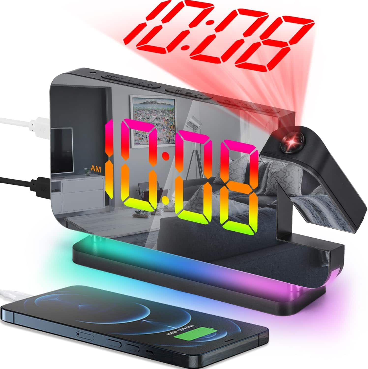 Stamp n Camp - SZELAM Projection Alarm Clock, 7.4 in Digital Mirror Clocks,with 180° Rotatable Projector, RGB Night Light,USB C Port - Black