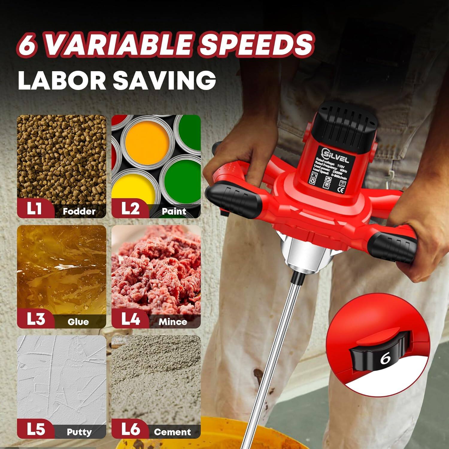 6 VARIABLE SPEEDS LABOR SAVING

L1 Fodder  
L2 Paint  
L3 Glue  
L4 Mince  
L5 Putty  
L6 Cement
