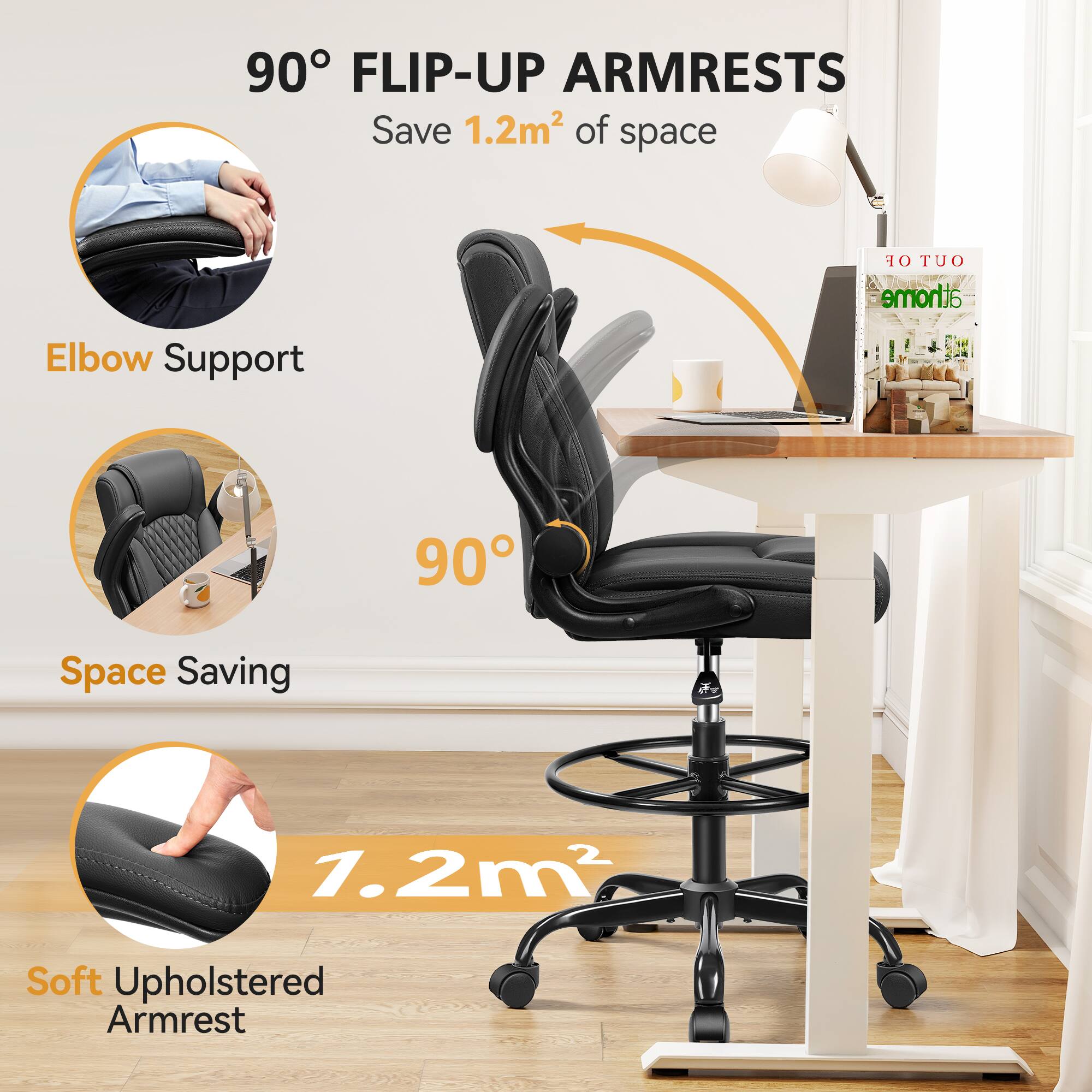 90° FLIP-UP ARMRESTS  
Save 1.2m² of space  
Elbow Support  
90°  
Space Saving  
1.2m²  
Soft Upholstered Armrest