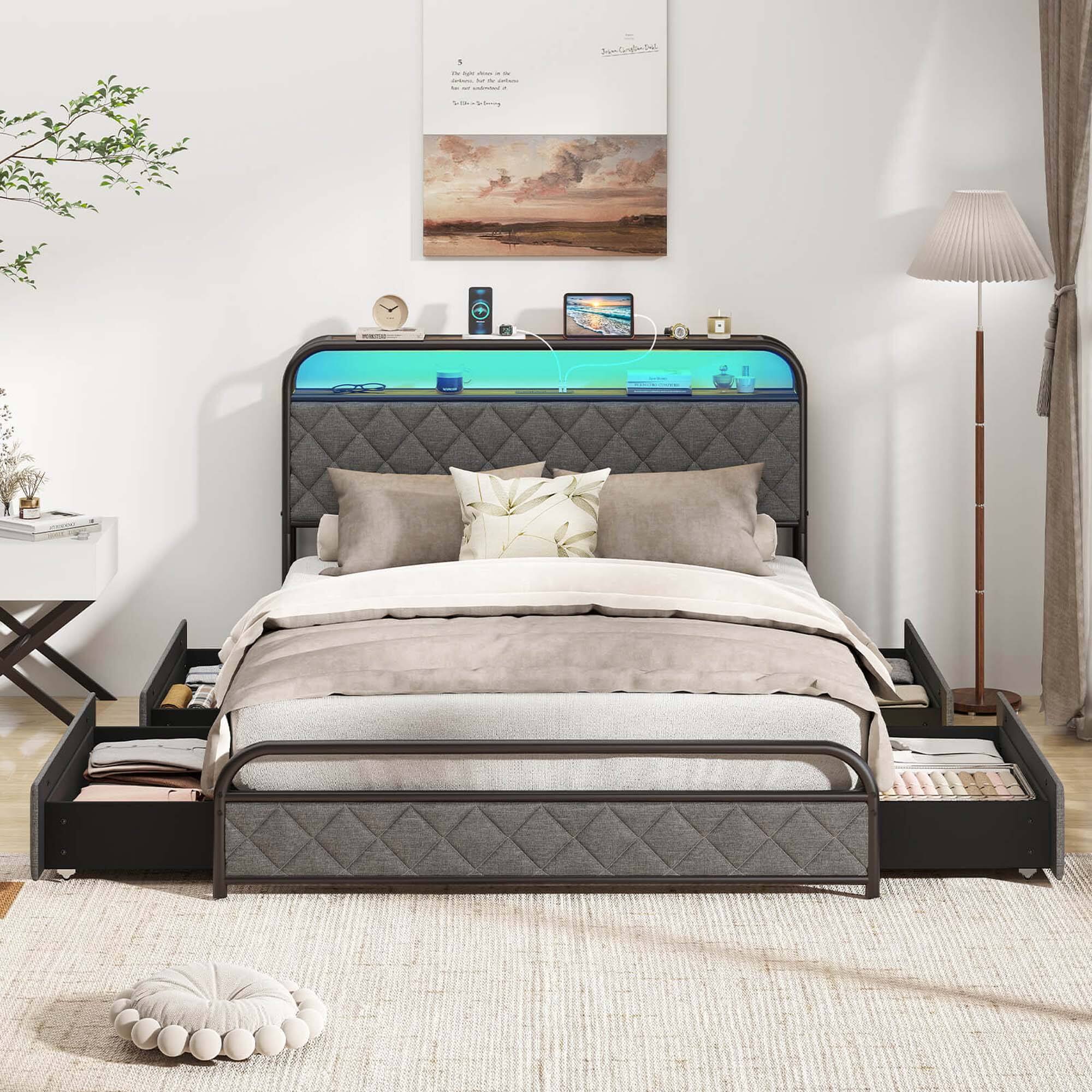 Back. Costway - Costway Full Size Bed Frame with LED Lights & Charging Station Storage Headboard Black - Black.